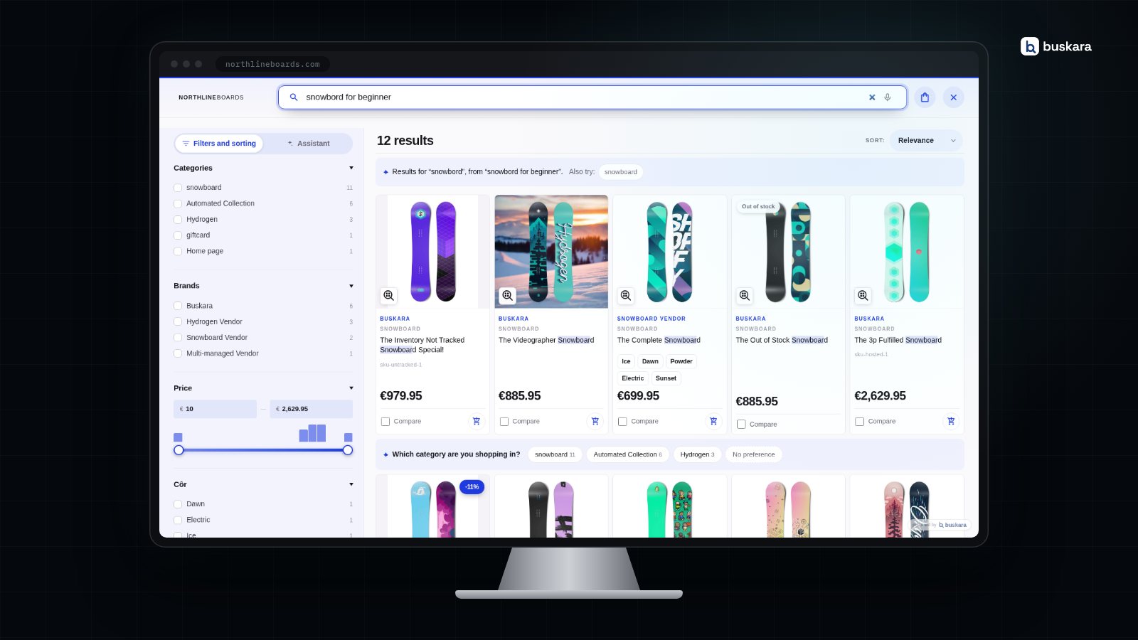 A pesquisa do Buskara numa loja Shopify, num ecrã de secretária