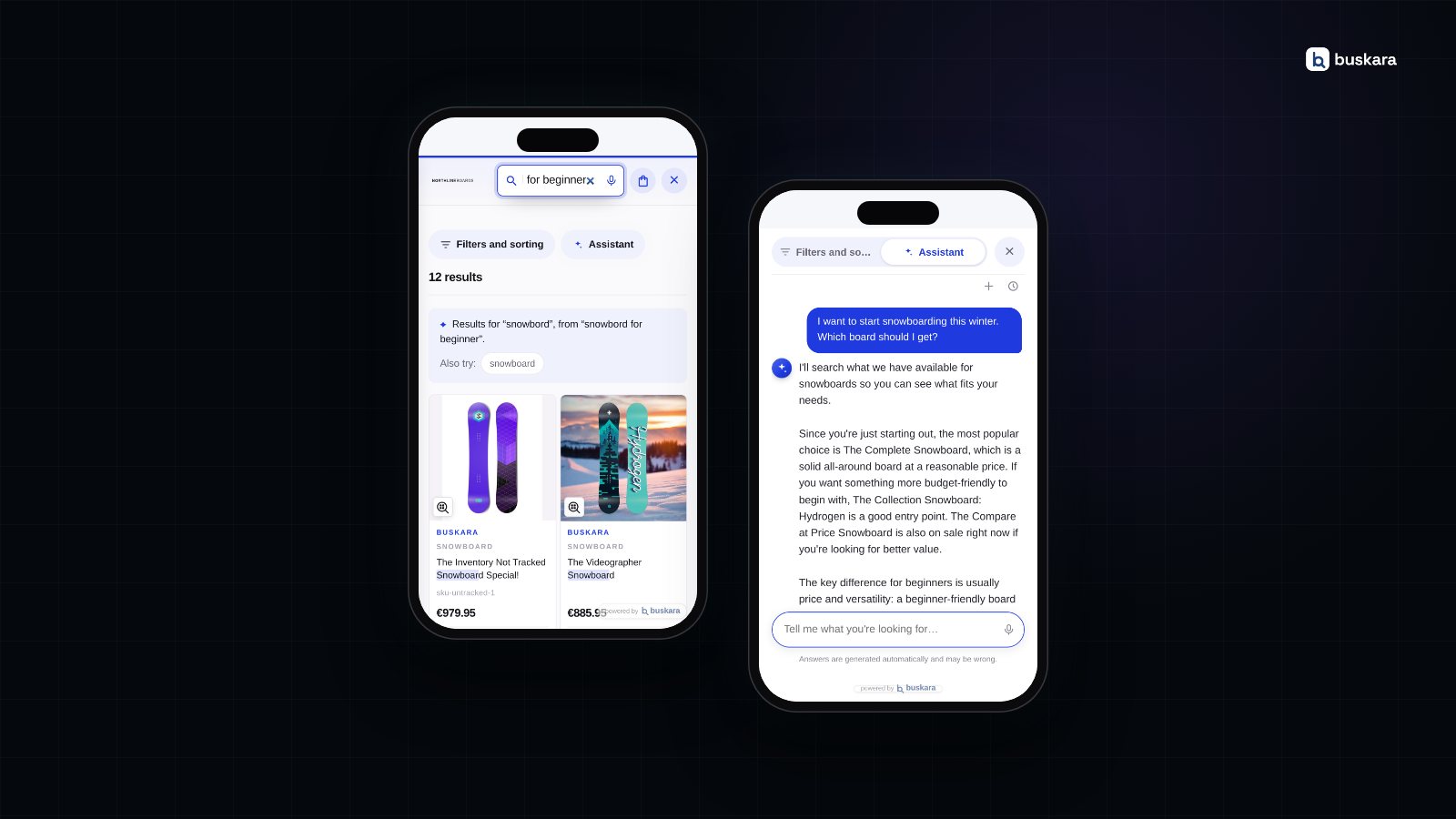A pesquisa e o assistente do Buskara numa loja Shopify, no telemóvel